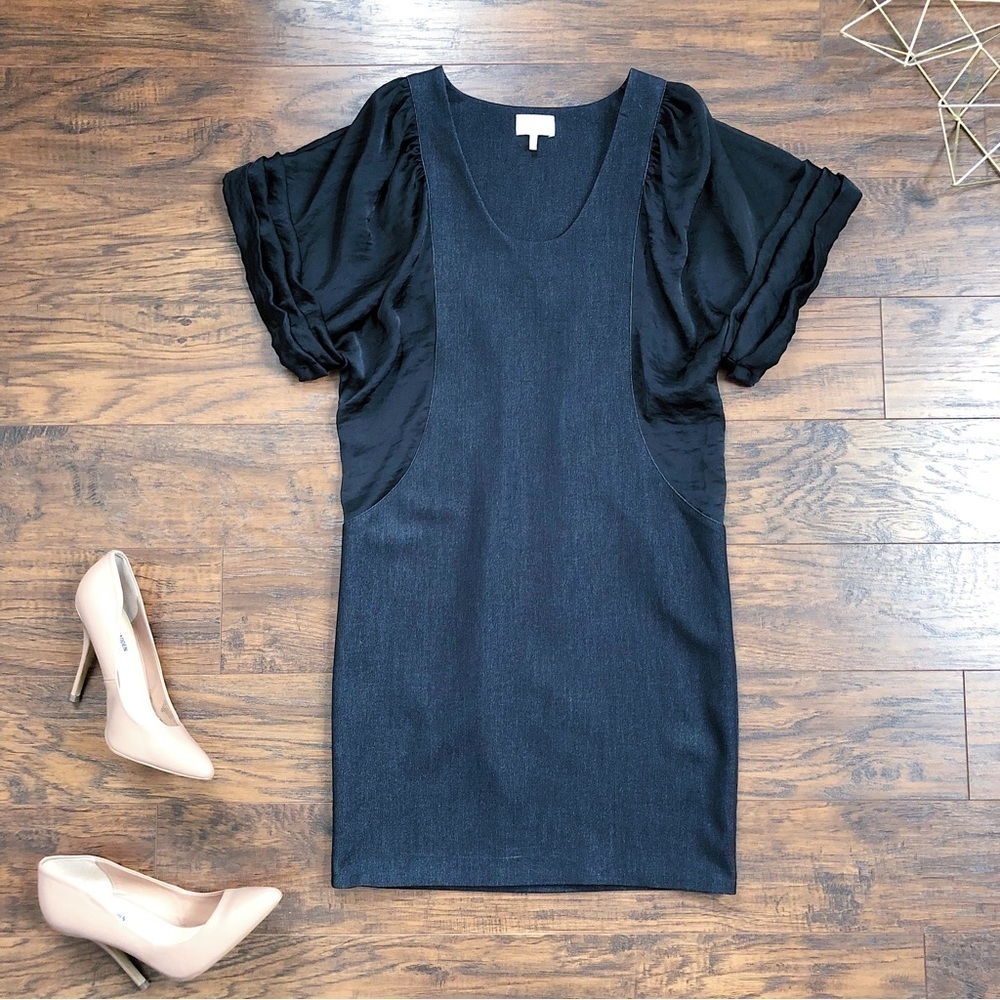2Love Tony Cohen • black sheath dress pleated silk sleeves draped designer lbd